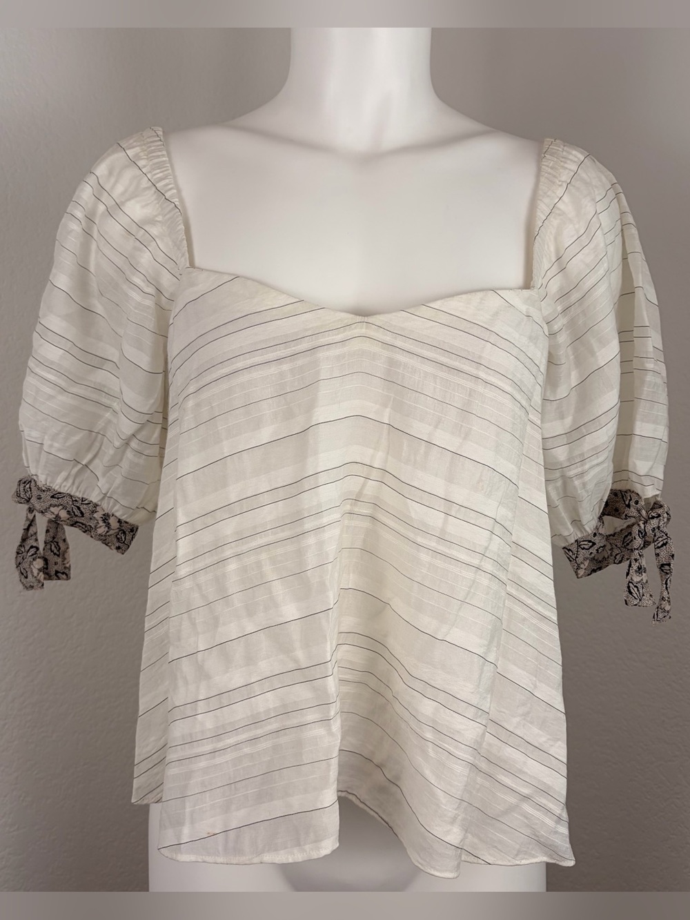 Rebecca Taylor White Striped Tie Puff Sleeve Top